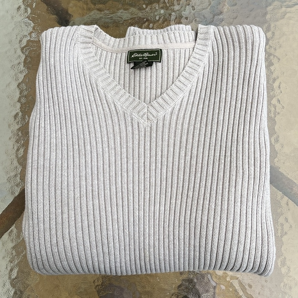 NWOT Eddie Bauer 100% Cotton Oatmeal V-Neck Ribbed Knit Pullover Sweater